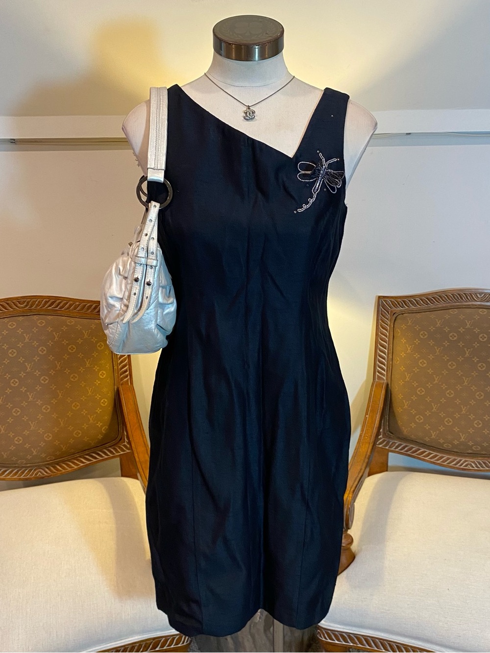 Vintage 90s Black Sleeveless Midi Dress with Embellished Dragonfly Whimsygoth M